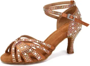 JUODVMP Women's Latin Salsa Dance Shoes Brown Satin with Rhinestones Braided Ballroom Shoes Model L506