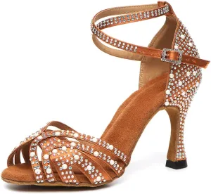 JUODVMP Women's Latin Salsa Dance Shoes Brown Satin with Rhinestones Braided Ballroom Shoes Model L506