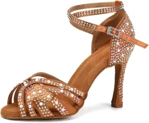 JUODVMP Women's Latin Salsa Dance Shoes Brown Satin with Rhinestones Braided Ballroom Shoes Model L506