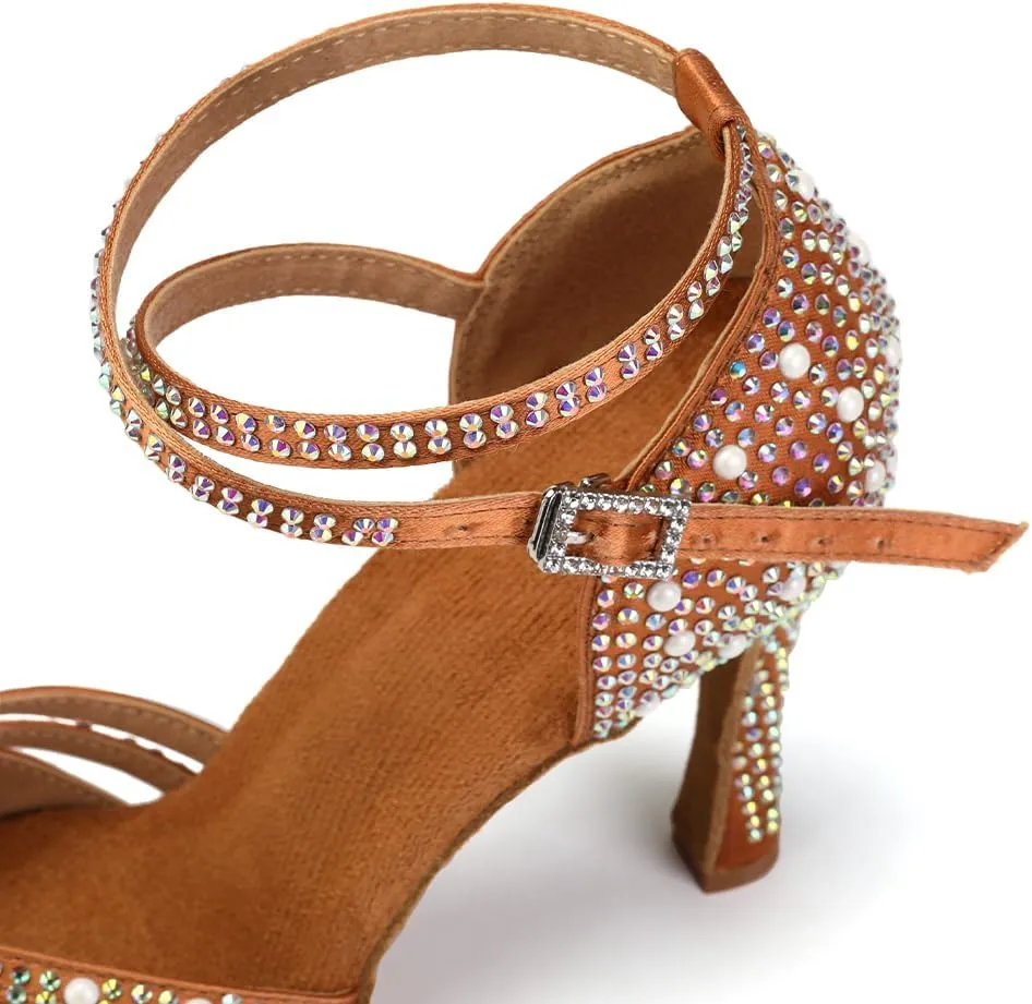 JUODVMP Women's Latin Salsa Dance Shoes Brown Satin with Rhinestones Braided Ballroom Shoes Model L506