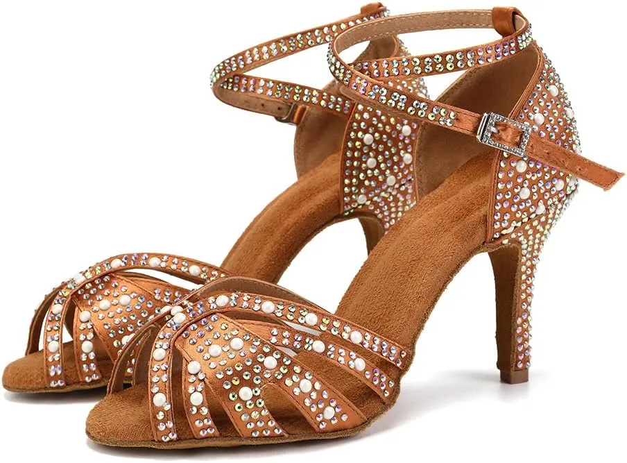 JUODVMP Women's Latin Salsa Dance Shoes Brown Satin with Rhinestones Braided Ballroom Shoes Model L506