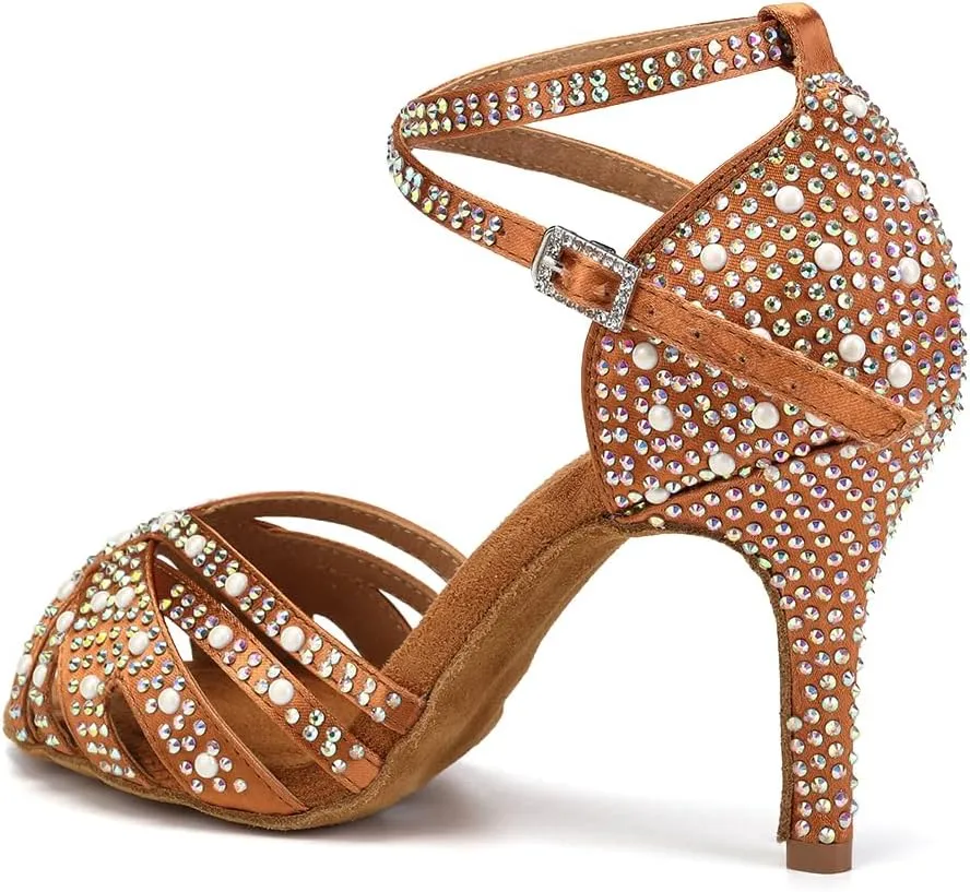 JUODVMP Women's Latin Salsa Dance Shoes Brown Satin with Rhinestones Braided Ballroom Shoes Model L506