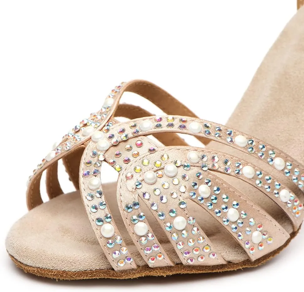 JUODVMP Women's Latin Salsa Dance Shoes Nude Satin with Rhinestones Braided Ballroom Shoes Model L506