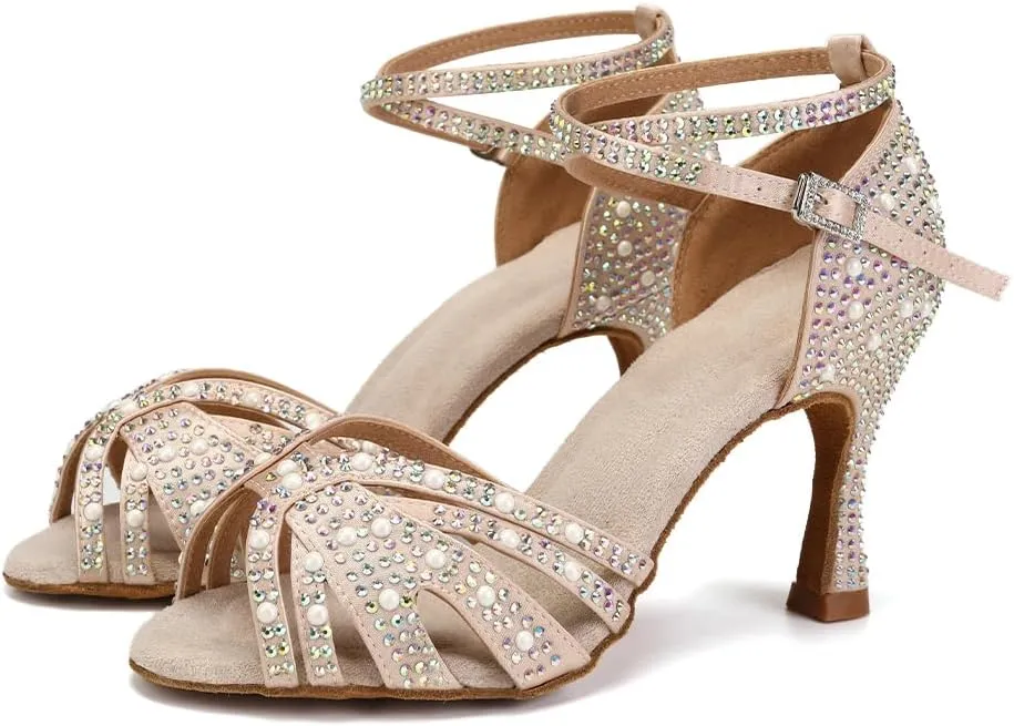 JUODVMP Women's Latin Salsa Dance Shoes Nude Satin with Rhinestones Braided Ballroom Shoes Model L506