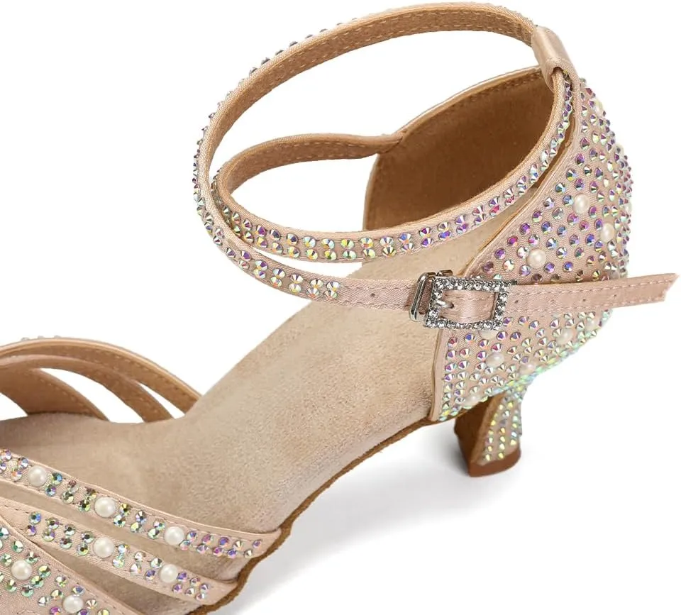 JUODVMP Women's Latin Salsa Dance Shoes Nude Satin with Rhinestones Braided Ballroom Shoes Model L506