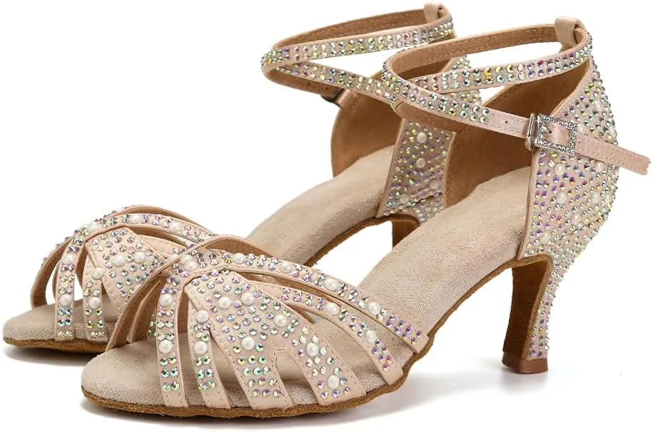 JUODVMP Women's Latin Salsa Dance Shoes Nude Satin with Rhinestones Braided Ballroom Shoes Model L506