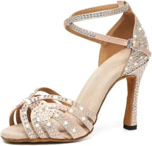 JUODVMP Women's Latin Salsa Dance Shoes Nude Satin with Rhinestones Braided Ballroom Shoes Model L506