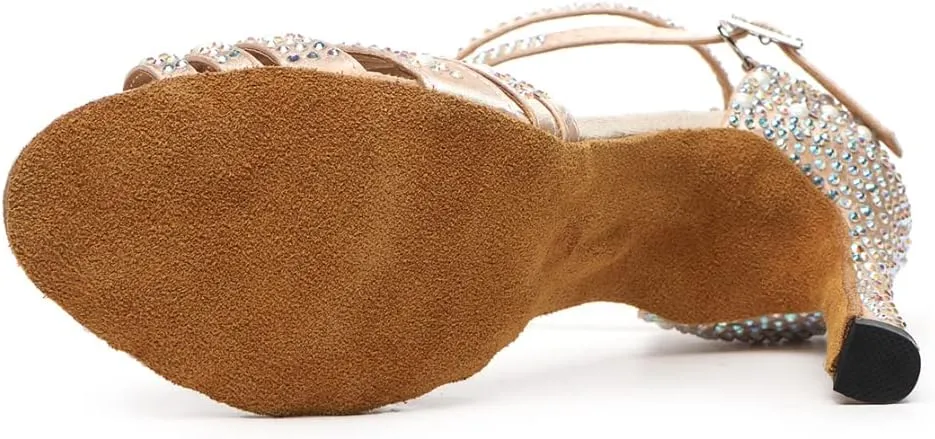 JUODVMP Women's Latin Salsa Dance Shoes Nude Satin with Rhinestones Braided Ballroom Shoes Model L506