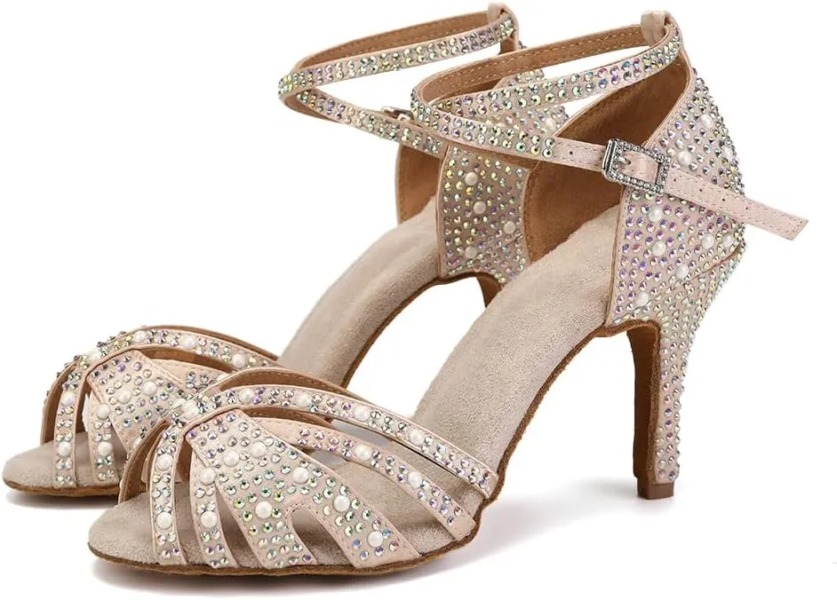 JUODVMP Women's Latin Salsa Dance Shoes Nude Satin with Rhinestones Braided Ballroom Shoes Model L506