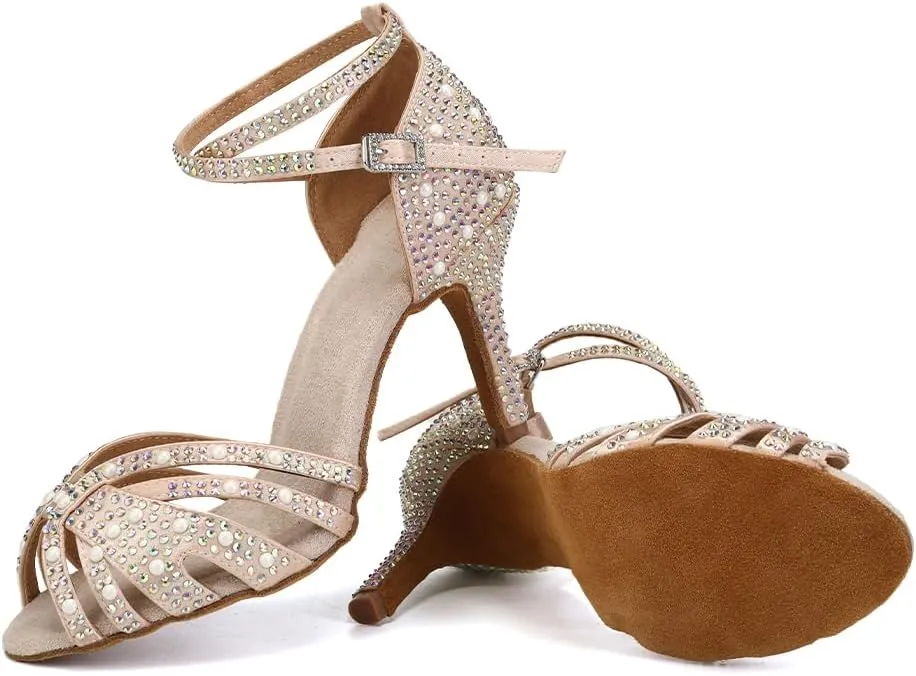 JUODVMP Women's Latin Salsa Dance Shoes Nude Satin with Rhinestones Braided Ballroom Shoes Model L506