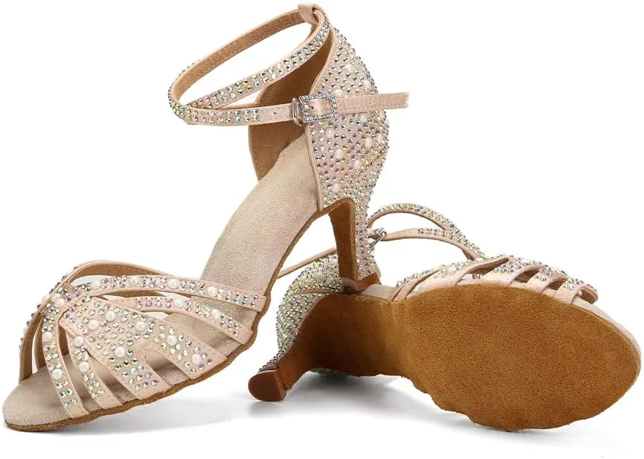 JUODVMP Women's Latin Salsa Dance Shoes Nude Satin with Rhinestones Braided Ballroom Shoes Model L506