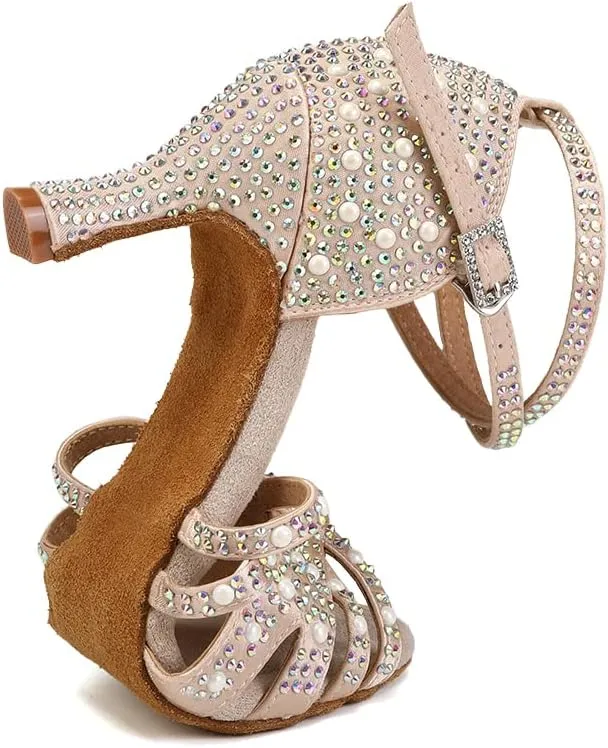 JUODVMP Women's Latin Salsa Dance Shoes Nude Satin with Rhinestones Braided Ballroom Shoes Model L506