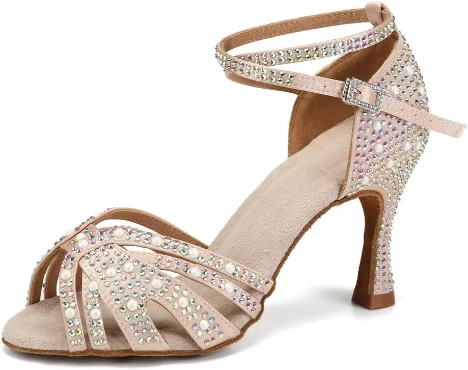 JUODVMP Women's Latin Salsa Dance Shoes Nude Satin with Rhinestones Braided Ballroom Shoes Model L506