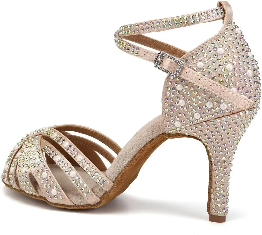 JUODVMP Women's Latin Salsa Dance Shoes Nude Satin with Rhinestones Braided Ballroom Shoes Model L506