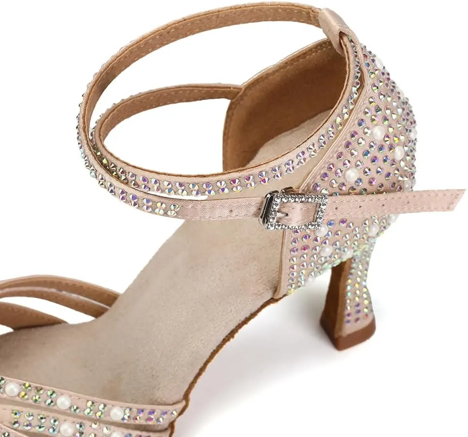 JUODVMP Women's Latin Salsa Dance Shoes Nude Satin with Rhinestones Braided Ballroom Shoes Model L506