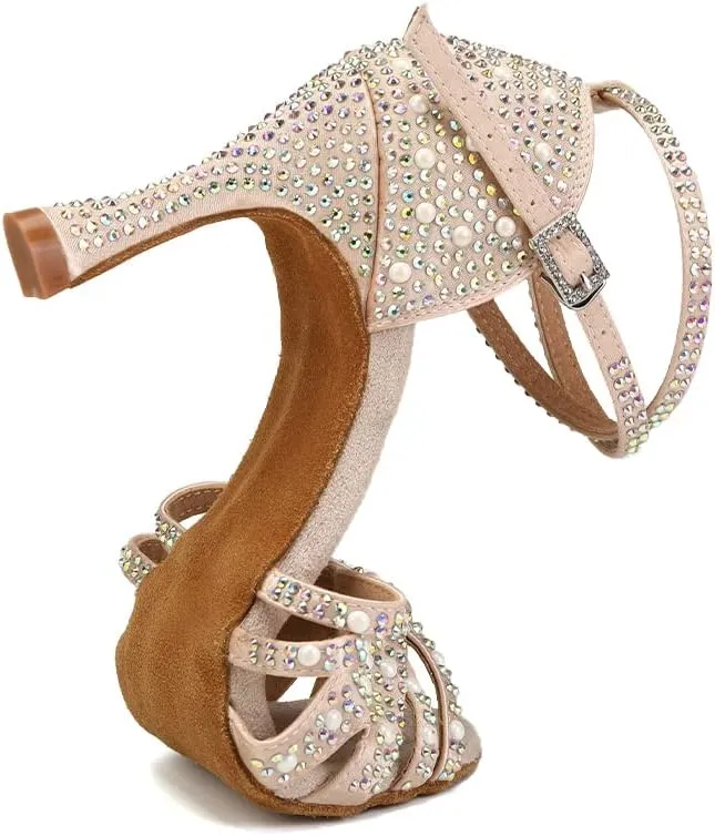 JUODVMP Women's Latin Salsa Dance Shoes Nude Satin with Rhinestones Braided Ballroom Shoes Model L506