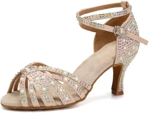 JUODVMP Women's Latin Salsa Dance Shoes Nude Satin with Rhinestones Braided Ballroom Shoes Model L506