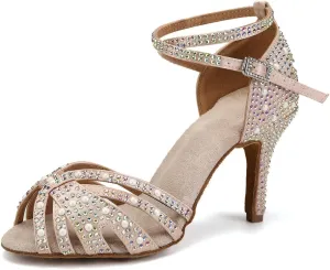 JUODVMP Women's Latin Salsa Dance Shoes Nude Satin with Rhinestones Braided Ballroom Shoes Model L506