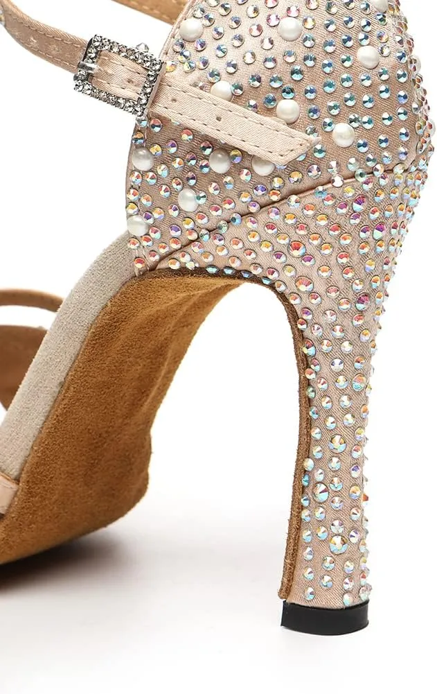 JUODVMP Women's Latin Salsa Dance Shoes Nude Satin with Rhinestones Braided Ballroom Shoes Model L506