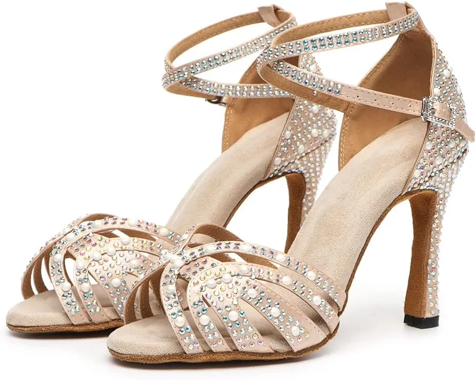 JUODVMP Women's Latin Salsa Dance Shoes Nude Satin with Rhinestones Braided Ballroom Shoes Model L506