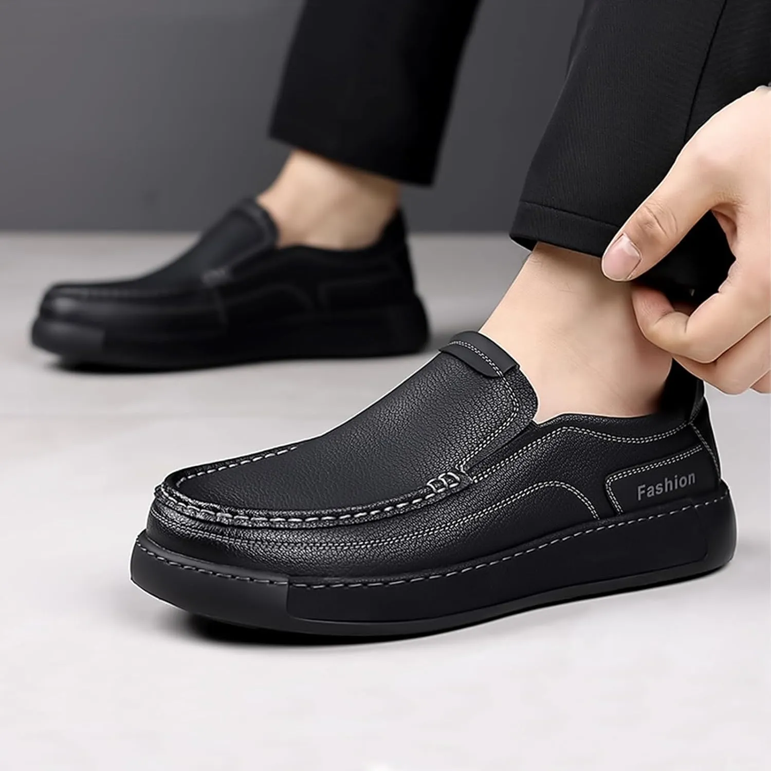 Men's Leather Slip On Casual Loafers Hand Stitched Lightweight Anti-Slip Soft Sole Moccasins Comfortable Driving Walking Shoes for Work Travel