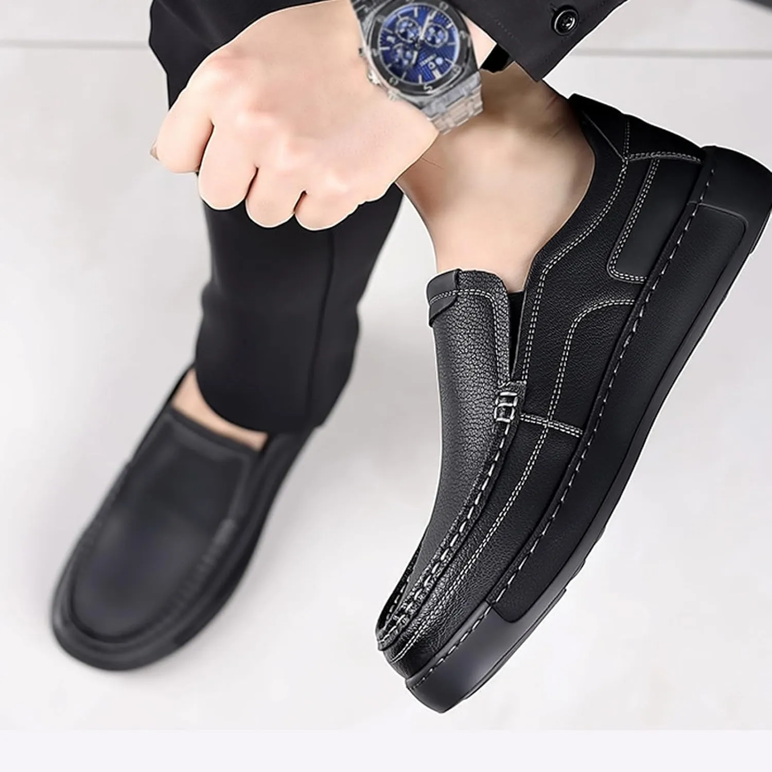 Men's Leather Slip On Casual Loafers Hand Stitched Lightweight Anti-Slip Soft Sole Moccasins Comfortable Driving Walking Shoes for Work Travel