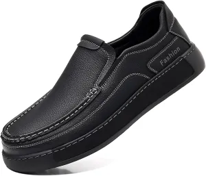 Men's Leather Slip On Casual Loafers Hand Stitched Lightweight Anti-Slip Soft Sole Moccasins Comfortable Driving Walking Shoes for Work Travel