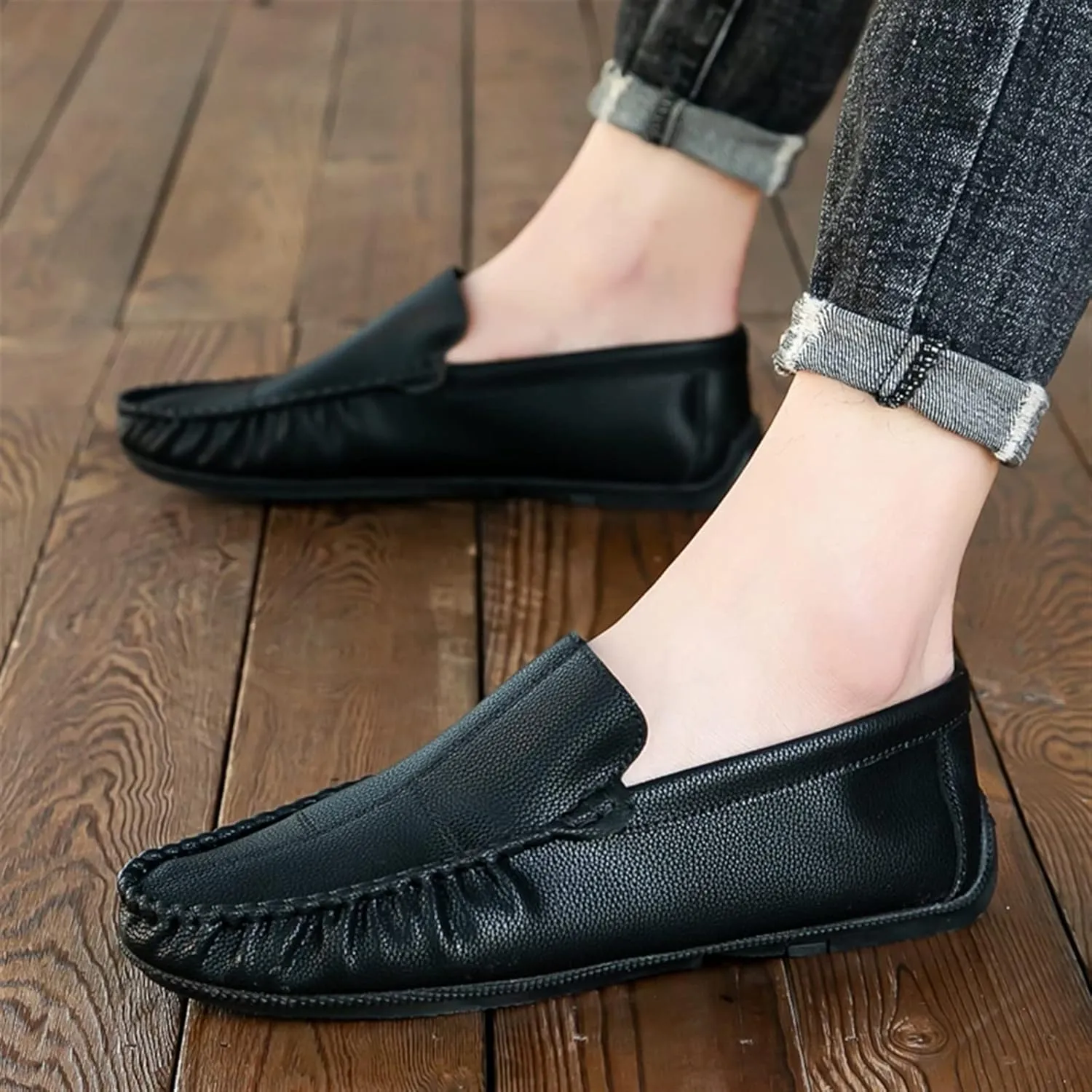 Mens Loafers Stitching Details Slip On Moccasins Shoes Vegan Leather Anti-Slip Comfortable Flexible Walking Slip-on