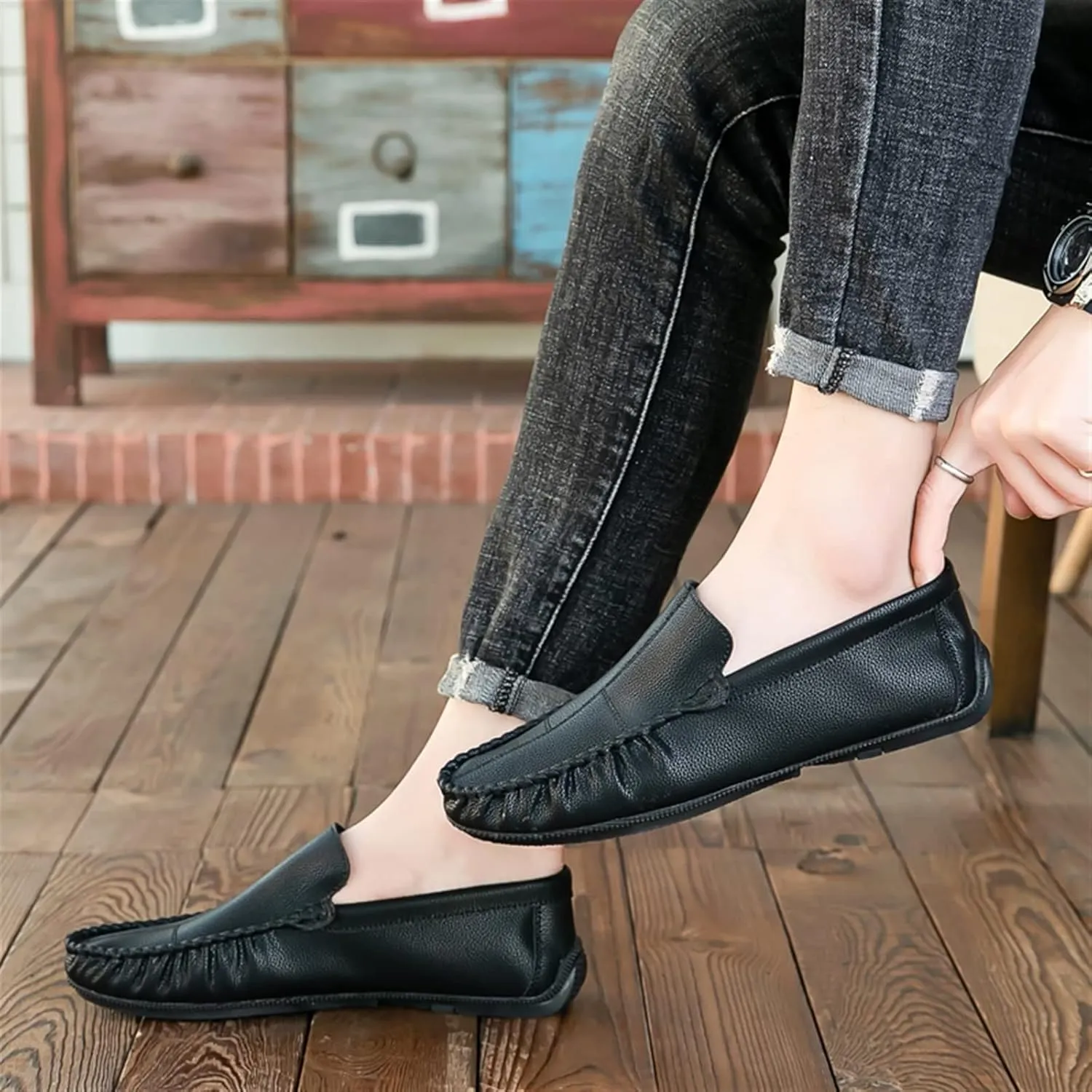 Mens Loafers Stitching Details Slip On Moccasins Shoes Vegan Leather Anti-Slip Comfortable Flexible Walking Slip-on