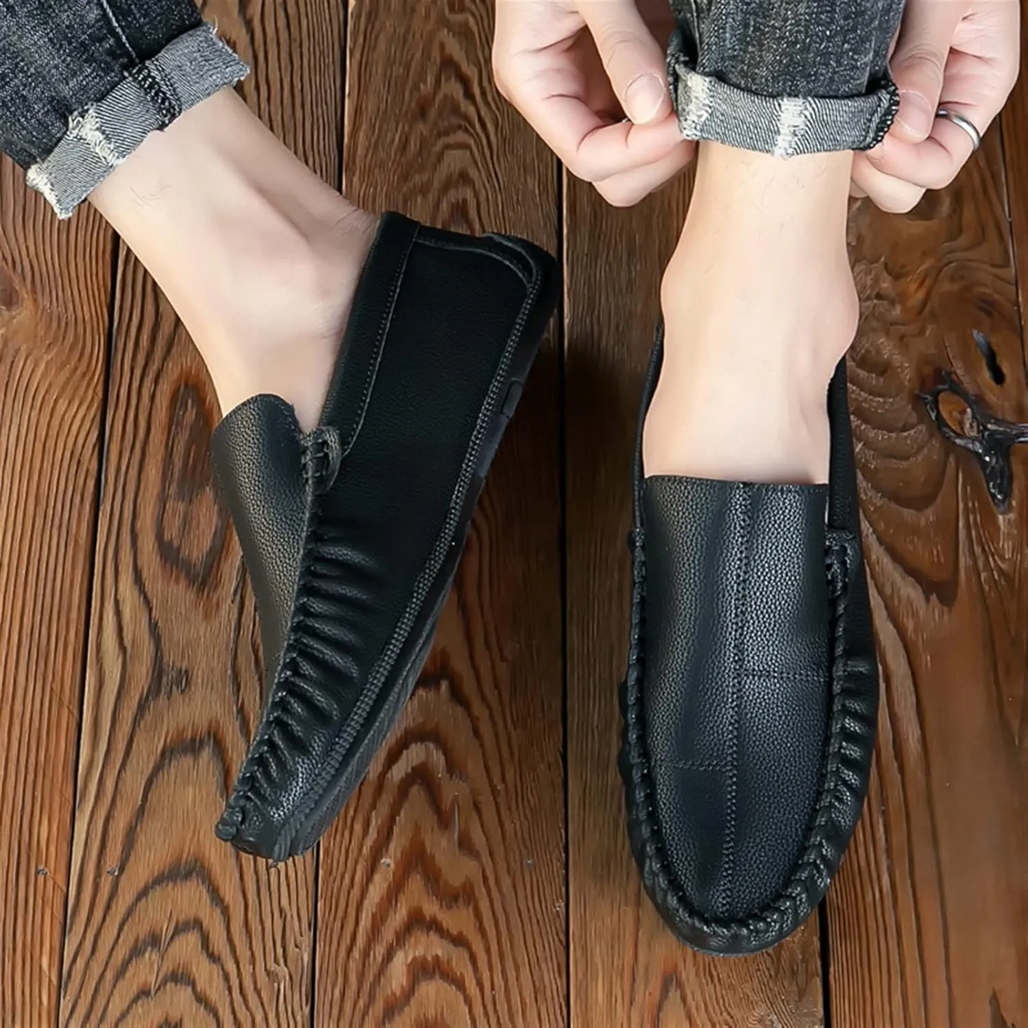 Mens Loafers Stitching Details Slip On Moccasins Shoes Vegan Leather Anti-Slip Comfortable Flexible Walking Slip-on