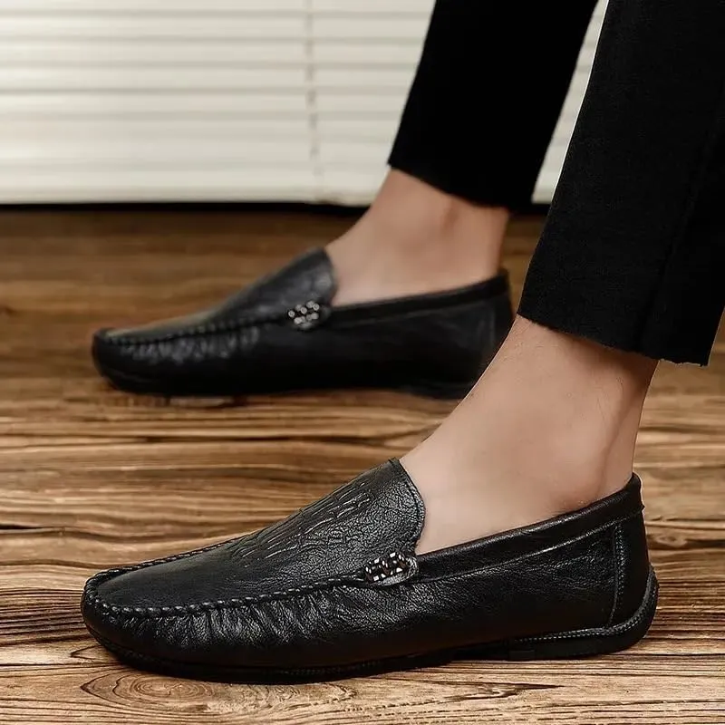 Mens Party Loafers Vegan Leather Business Comfor Round Toe Solid Color Office Non Slip Block Heel Anti-Slip Shoe Slip-on