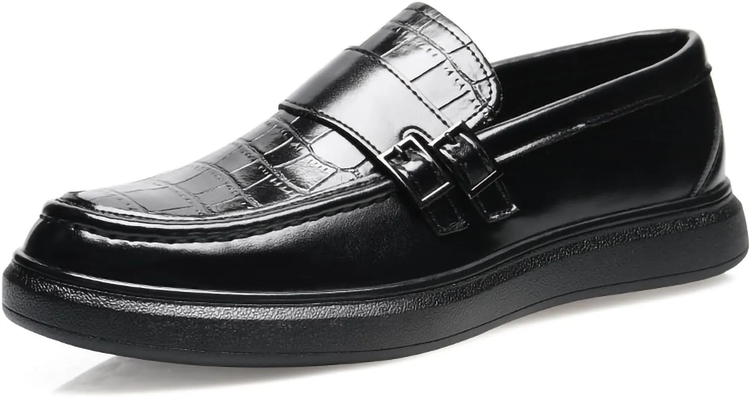 Men's PU Leather Croc-Embossed Double Monk Strap Loafers  Lightweight Slip-On, Flat Non-Slip Sole, Formal & Casual Driving Shoes