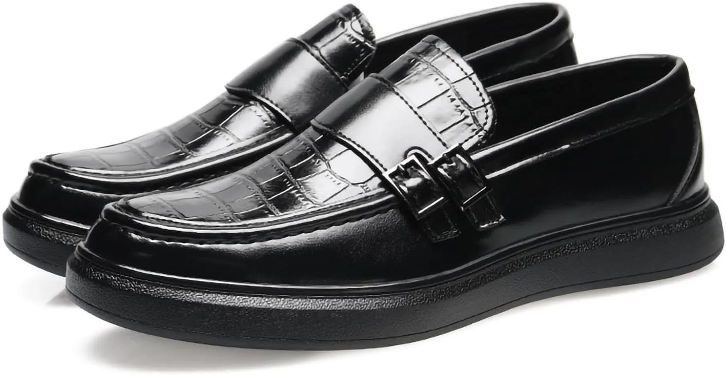 Men's PU Leather Croc-Embossed Double Monk Strap Loafers  Lightweight Slip-On, Flat Non-Slip Sole, Formal & Casual Driving Shoes