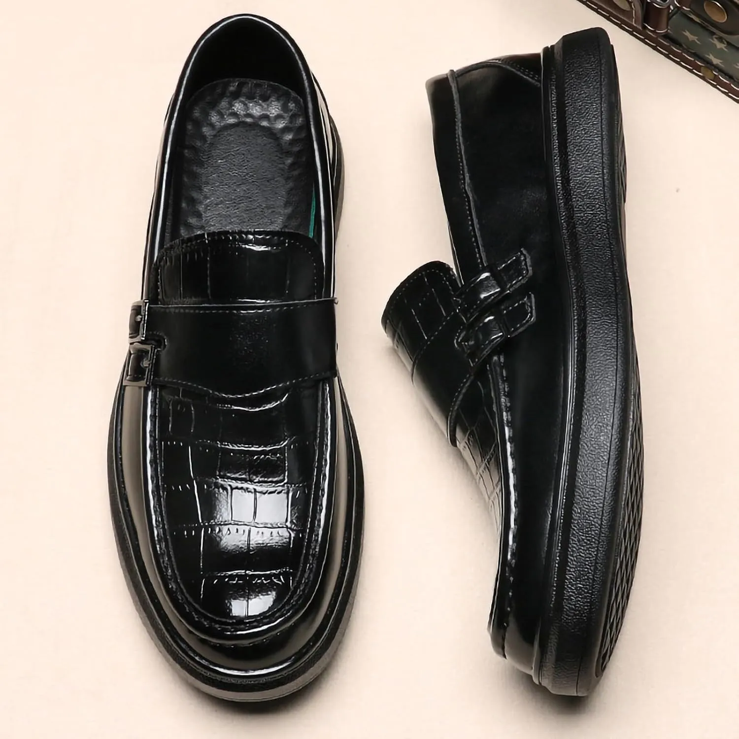 Men's PU Leather Croc-Embossed Double Monk Strap Loafers  Lightweight Slip-On, Flat Non-Slip Sole, Formal & Casual Driving Shoes