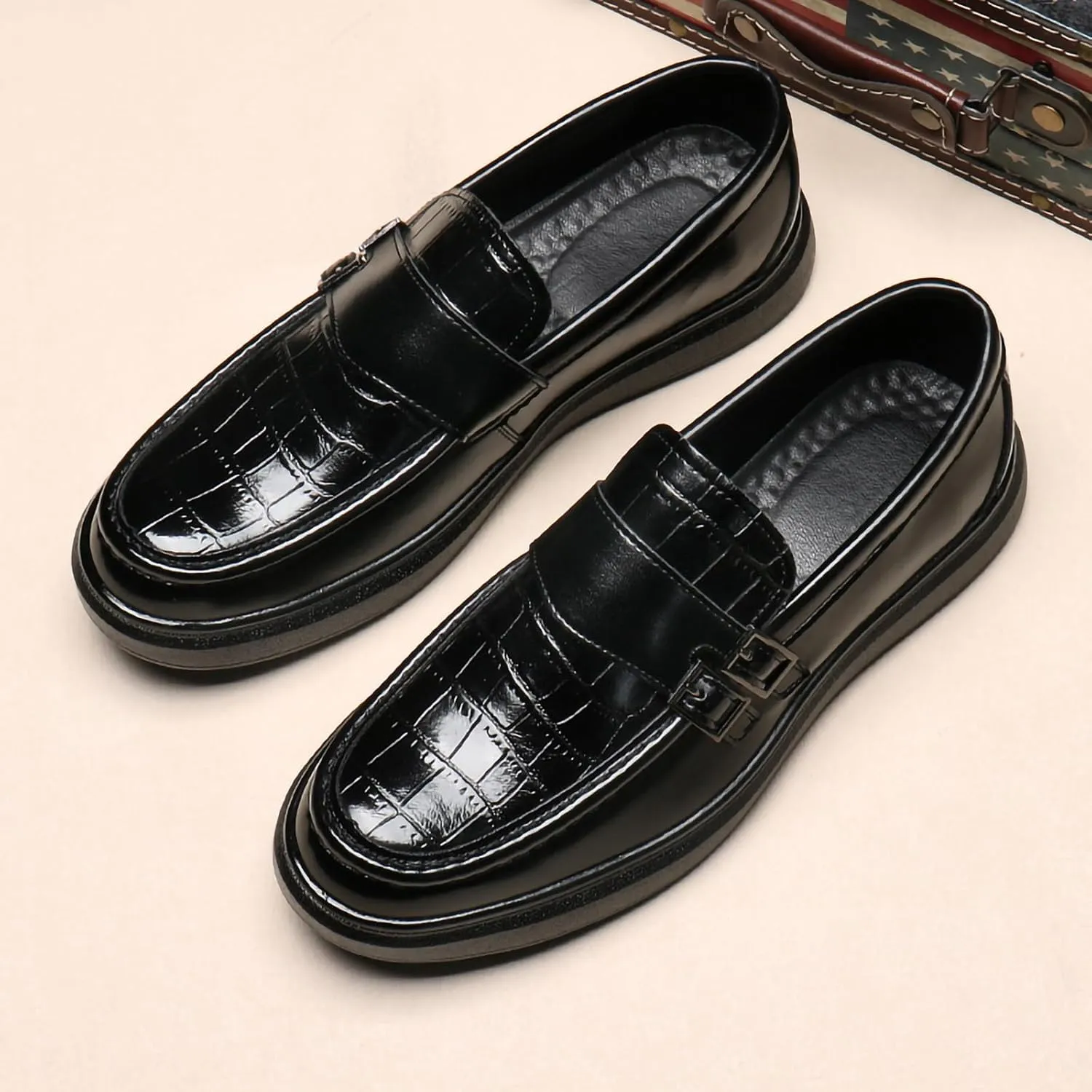 Men's PU Leather Croc-Embossed Double Monk Strap Loafers  Lightweight Slip-On, Flat Non-Slip Sole, Formal & Casual Driving Shoes
