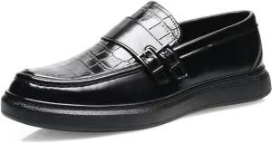 Men's PU Leather Croc-Embossed Double Monk Strap Loafers  Lightweight Slip-On, Flat Non-Slip Sole, Formal & Casual Driving Shoes
