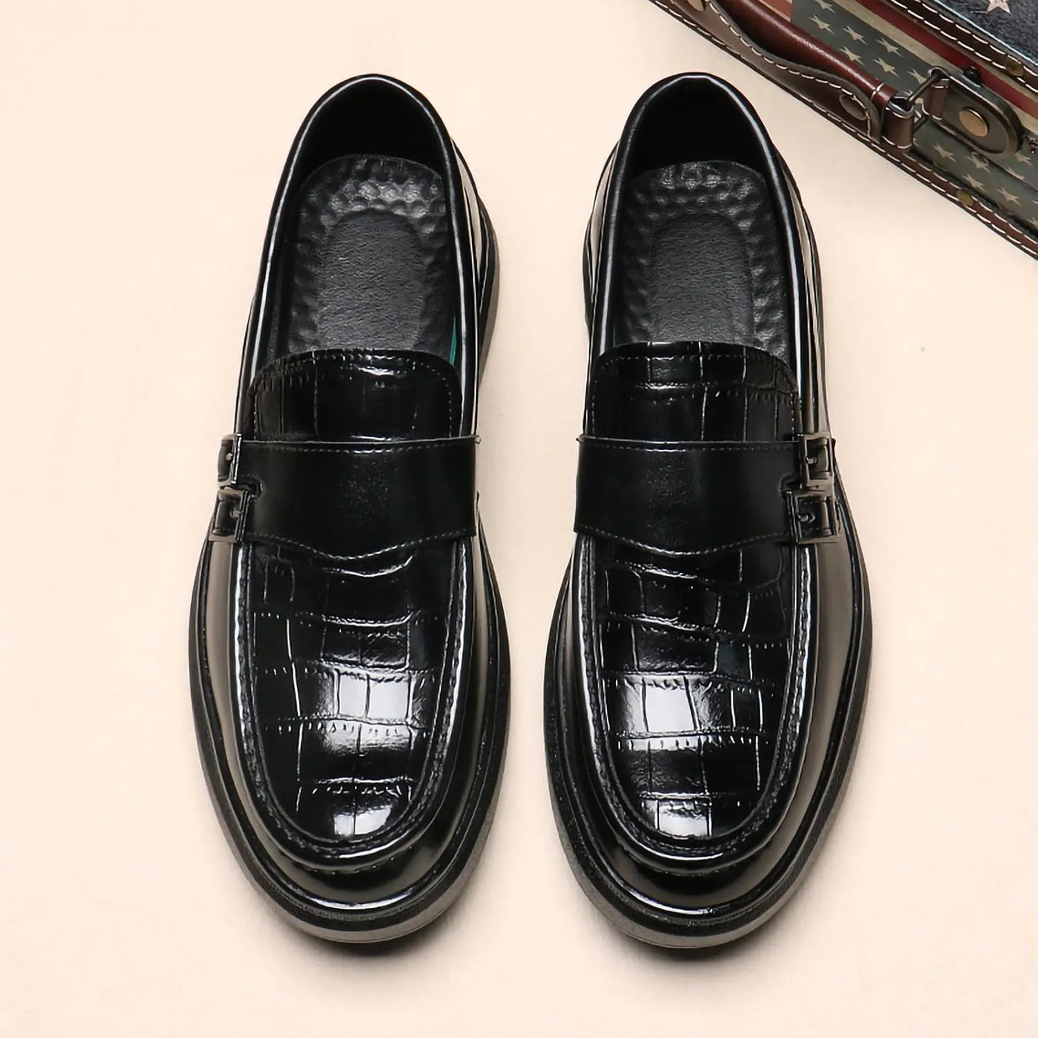 Men's PU Leather Croc-Embossed Double Monk Strap Loafers  Lightweight Slip-On, Flat Non-Slip Sole, Formal & Casual Driving Shoes