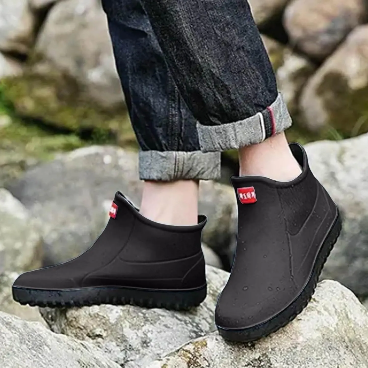 Men's Short Tube Slip On Rain Boots Outer Neoprene Boots Hiking Rain Boots Fishing Boots Water Proof Rain Boots