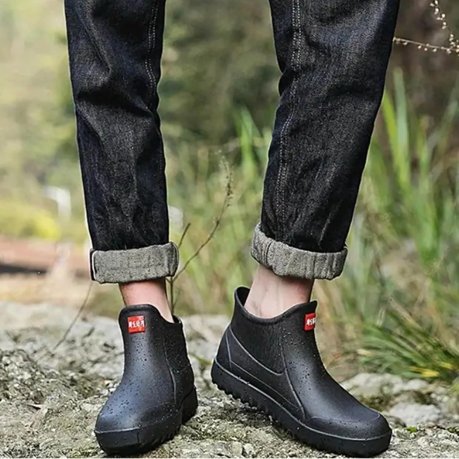 Men's Short Tube Slip On Rain Boots Outer Neoprene Boots Hiking Rain Boots Fishing Boots Water Proof Rain Boots