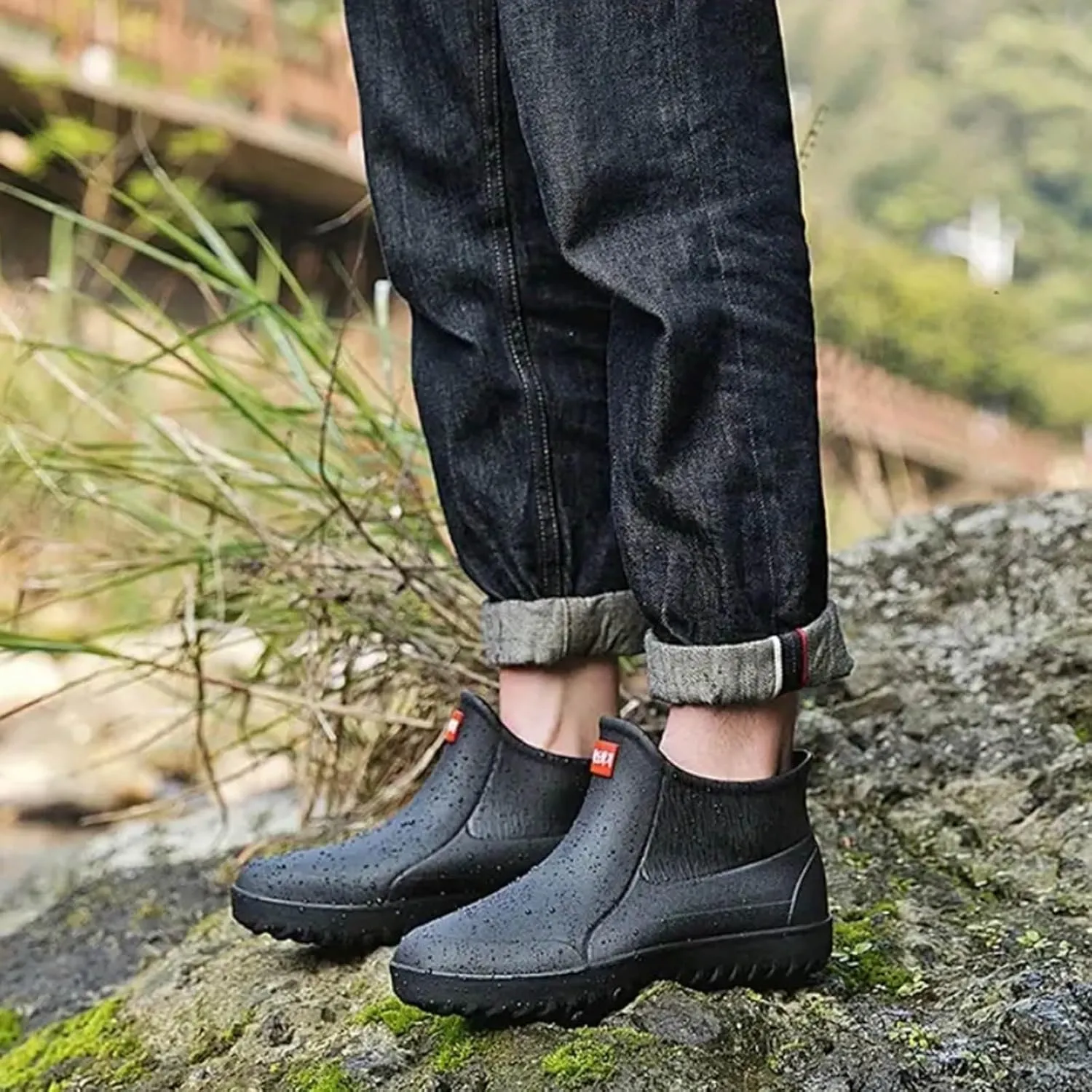 Men's Short Tube Slip On Rain Boots Outer Neoprene Boots Hiking Rain Boots Fishing Boots Water Proof Rain Boots