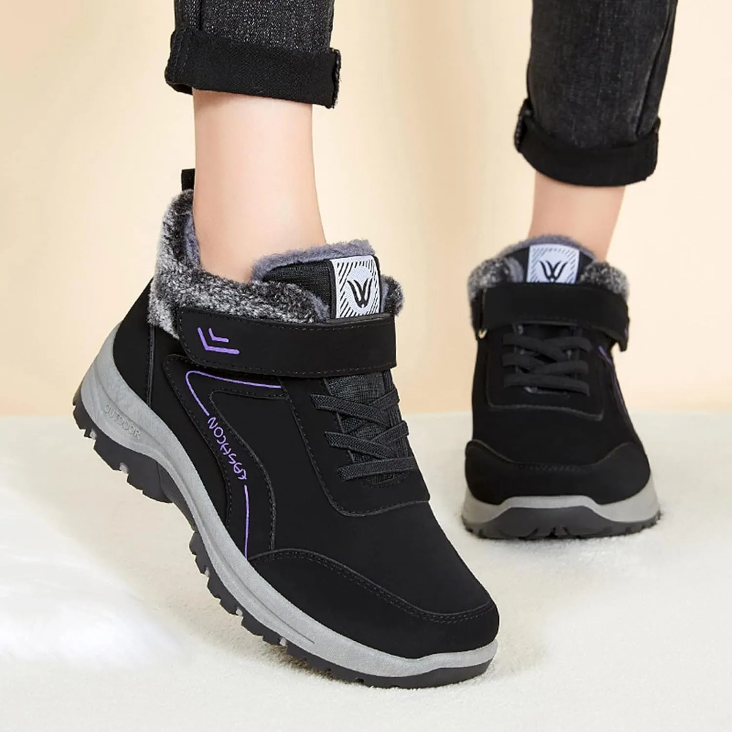 Mens Work Boots Slip On Hiking Sneakers with Warm Fur Lining Working Shoes for Women Food Service Winter Outdoor Botas Waterproof Non Slip Hike Grounded Footwear