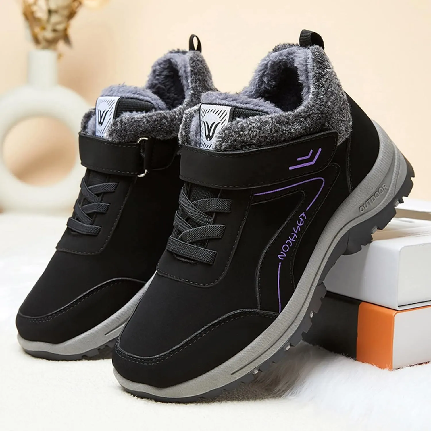Mens Work Boots Slip On Hiking Sneakers with Warm Fur Lining Working Shoes for Women Food Service Winter Outdoor Botas Waterproof Non Slip Hike Grounded Footwear