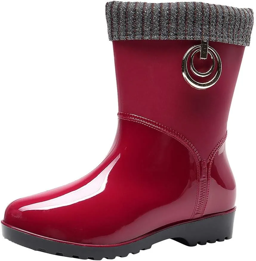 NLOMOCT Women's Red Rain Boots, Size 7.5, Waterproof, Lightweight, Platform Heel, Ankle-High, Outdoor/Rainy Weather