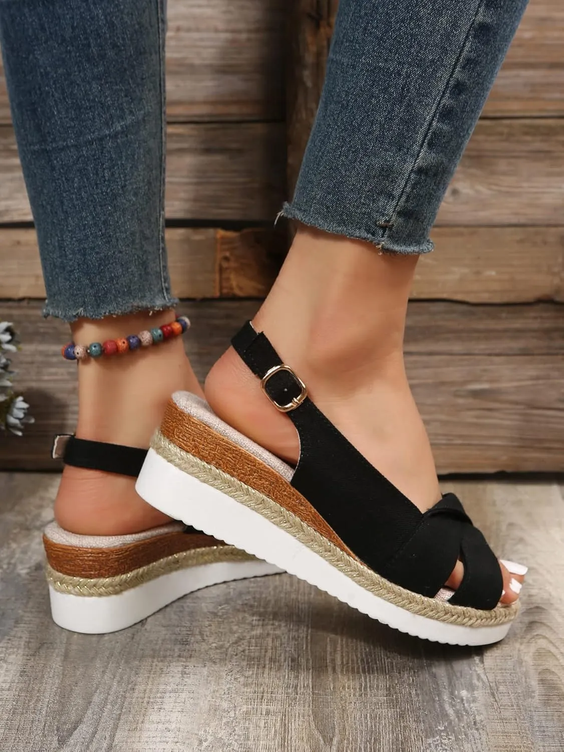 Orthopedic Sandals for Women Fashion Fish Mouth Slingback Non Slip Wedge Canvas Sandals with Arch Support Ladies Elegant Buckle Ankle Strap Summer Beach Walking Shoes