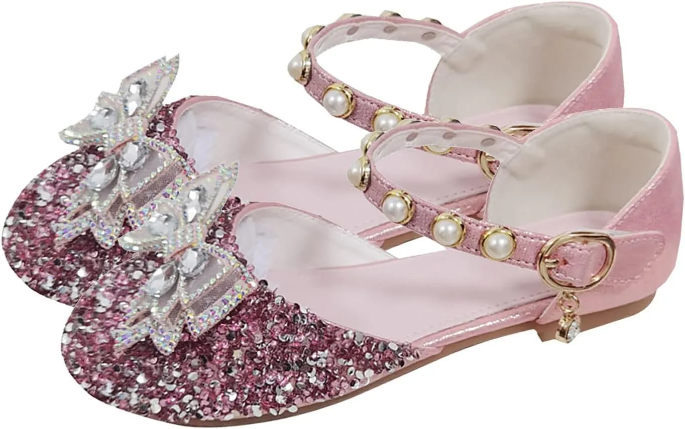 Princess Girls Rhinestone Dress Shoes Glitter Sequins Closed Toe Party Wedding Flower Girls Shoes for Toddler Kid
