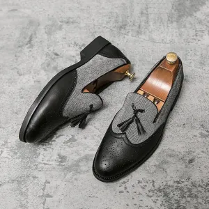 Santimon Men's Leather Tassel Loafers with Herringbone Pattern Casual Shoes Black Brown