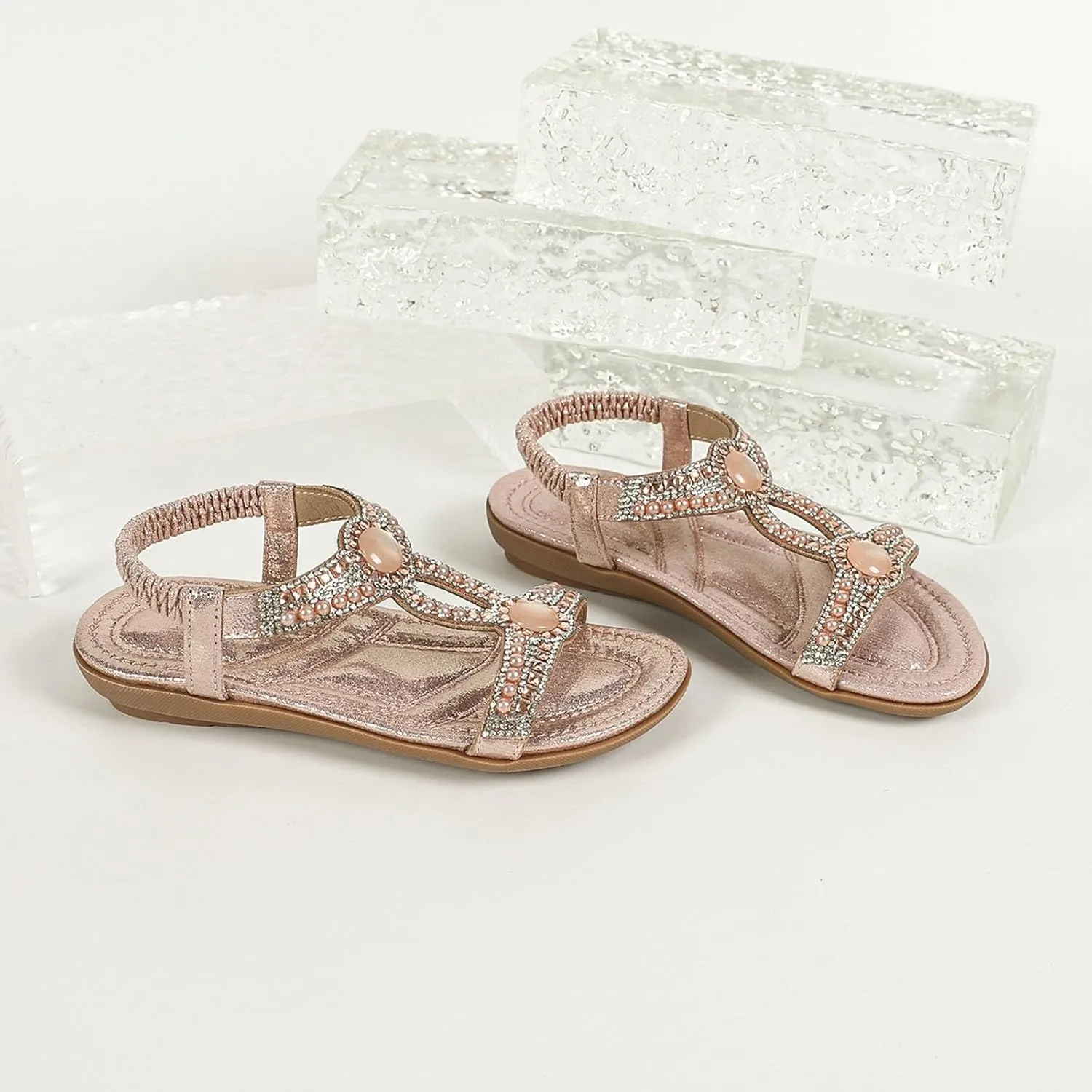 Toddler Girls Glitter Flat Wide Sandals Pearl Open Toe Strap Barefoot Shoes Kids Baby Formal Birthday Elegant Sandals