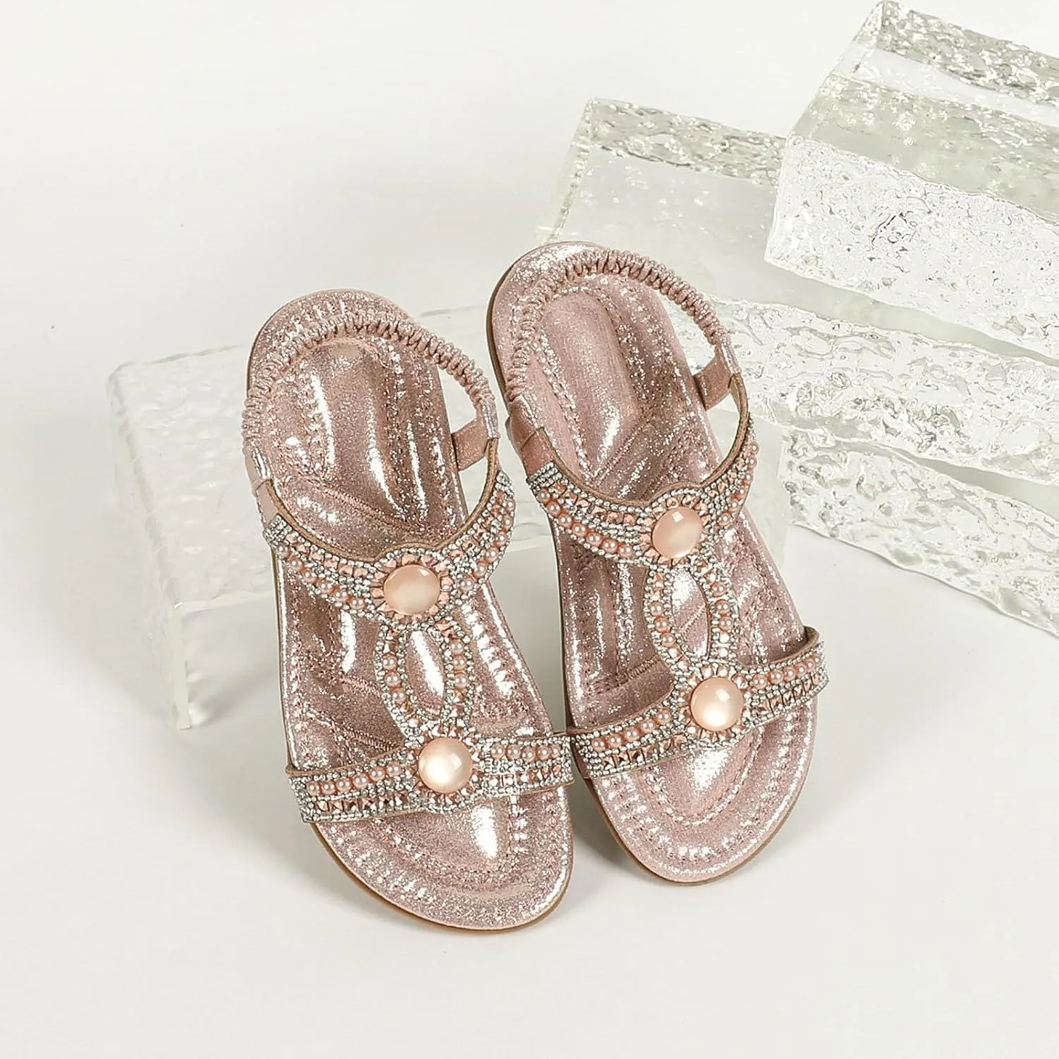 Toddler Girls Glitter Flat Wide Sandals Pearl Open Toe Strap Barefoot Shoes Kids Baby Formal Birthday Elegant Sandals
