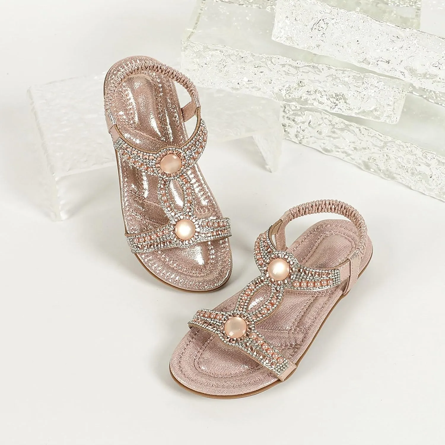 Toddler Girls Glitter Flat Wide Sandals Pearl Open Toe Strap Barefoot Shoes Kids Baby Formal Birthday Elegant Sandals