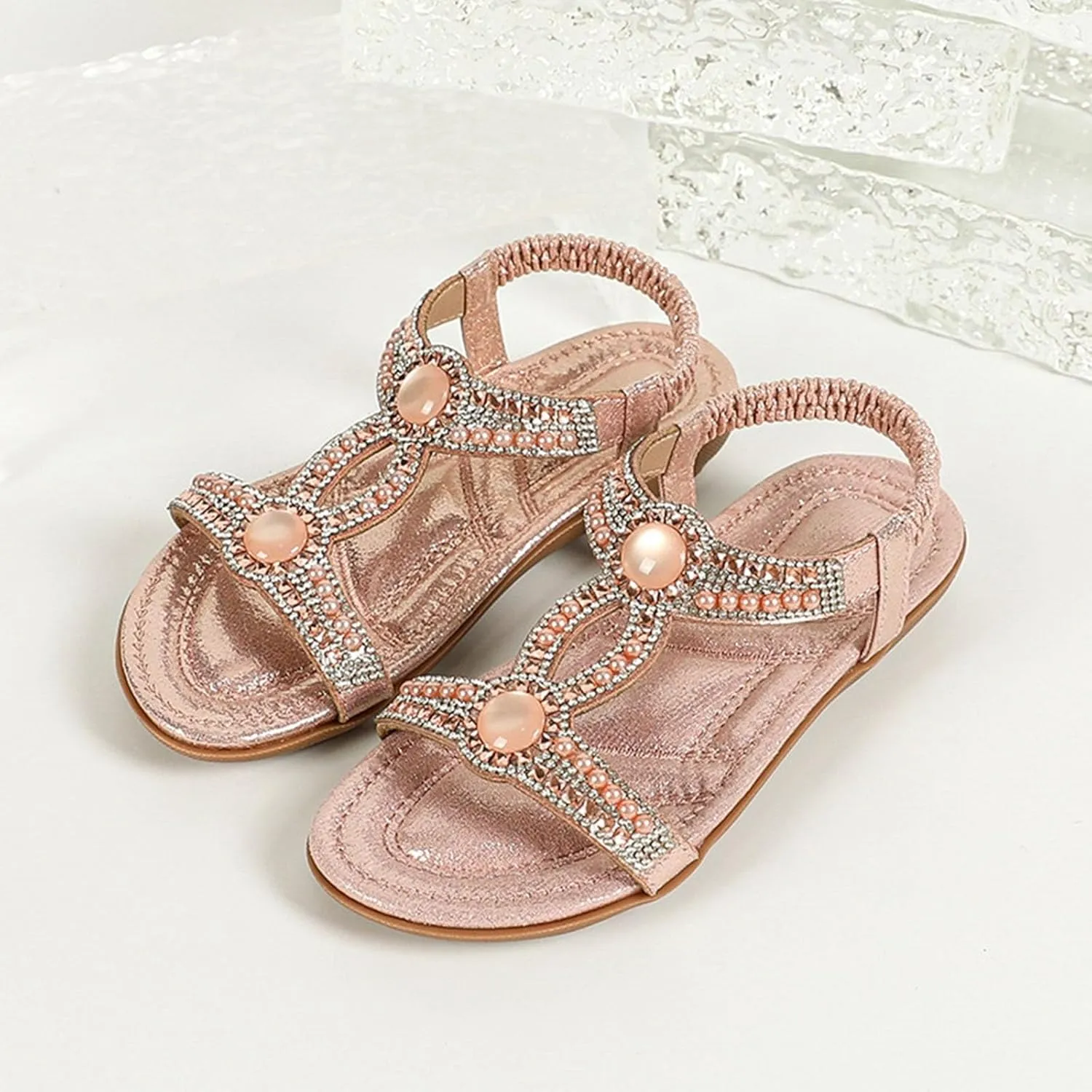 Toddler Girls Glitter Flat Wide Sandals Pearl Open Toe Strap Barefoot Shoes Kids Baby Formal Birthday Elegant Sandals